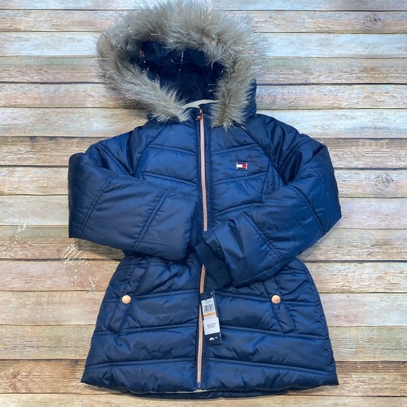 Tommy Hilfiger Long Chevron Hooded Puffer Jacket NWT - Picture 2 of 5